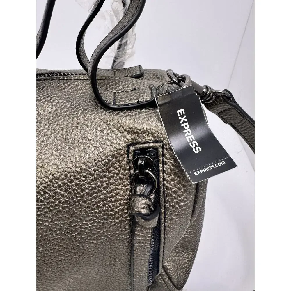 Express Gunmetal Metallic Pebbled Faux Leather Crossbody Handbag NWT Zip Pockets